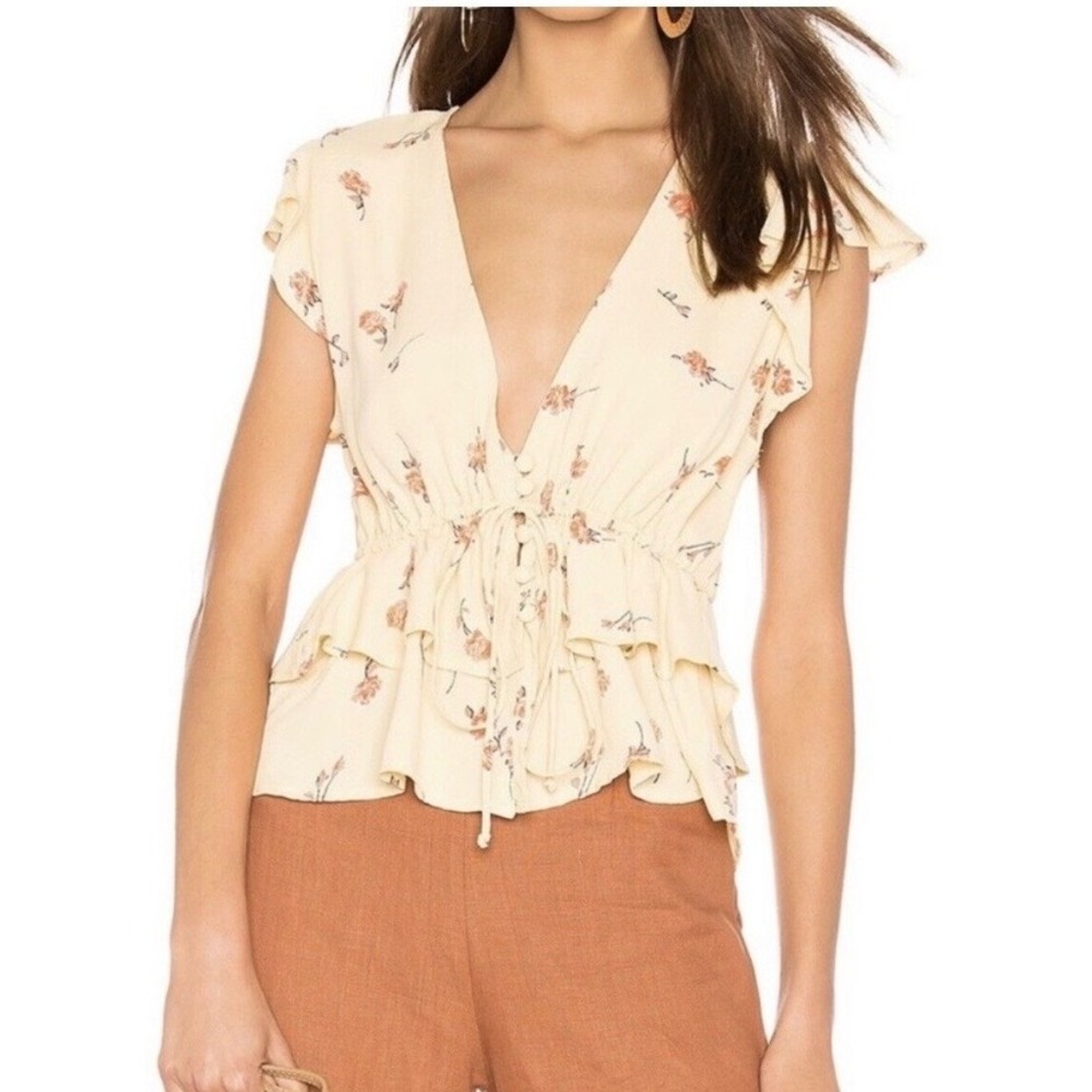 Flynn Skye Cecilia Yellow Floral Ruffle Peplum V-Neck Blouse Top Medium